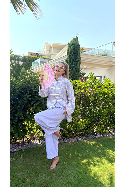 FAYY Embroidered Muslin Jacket - Lilac Chinese Collar Buttoned Kimono Jacket