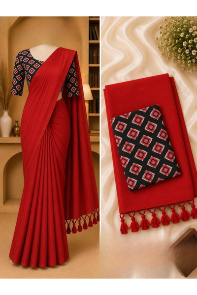 MYSMAR Red Khadi Cotton Saree with Printed Blouse - EFS9645 | Red-Size-0
