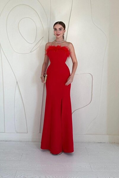 ELBEE Red Strapless Collar Feathered Evening Dress