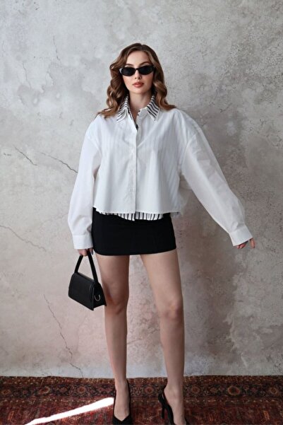 ELBEE White Striped Garnished Oversized Shirt
