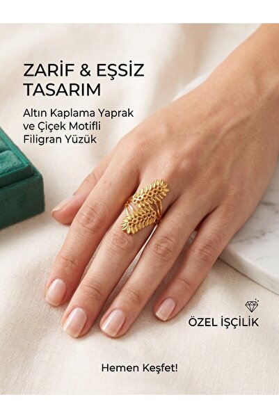 MY Altın Kaplama Özel İşçilikli Ayarlanabilir Kadın Yaprak Yüzük