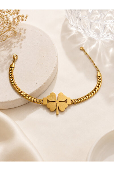 Archhazel Jewelery Gold Four-Leaf Clover Figured Thick Chain Steel Bracelet