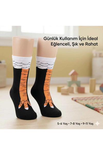 Genel Markalar Çocuk Desenli Tavuk Ayağı Çorap Siyah Turuncu Eğlenceli Hayvan Figürlü Yumuşak Dokulu Günlük Çorap 5