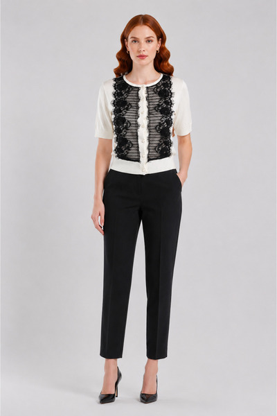 Neden Tekstil Women's Buttoned Short Sleeve Knitwear Cardigan with Black Lace...