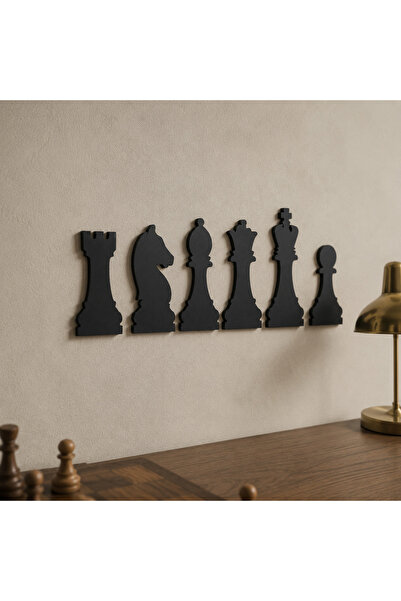 ArliaDesign 6 Parça Satranç Taşları Duvar Dekoru 40 × 20 cm Siyah MDF Şah Vezir Fil At Kale Piyon Seti