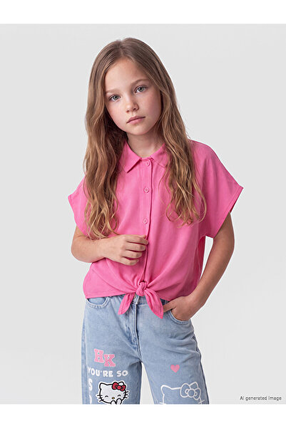 LC Waikiki Nevavm Detailed Poplin Girls' Shirt with a Tie Detail