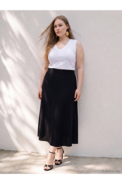 LC Waikiki Trendlucky Plus Size Flared Skirt with Zipper at Waist in Linen Blend