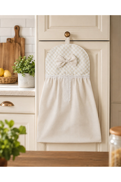 Ay Çeyiz Krem Bej Kareli Mutfak Poşetliği 53x35 cm Fiyonklu Dantelli Askılı P...