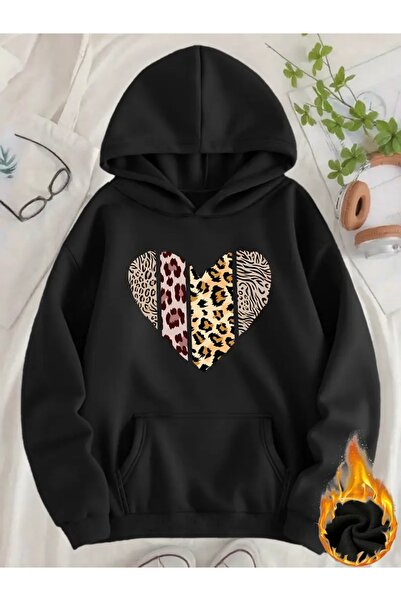 FUFLUNS Leopard Printed Heart Printed Oversize Unisex Women'S/Men's Hooded Sw...