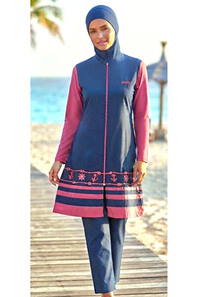 Zen Tesmayo Vest-Style Hijab Swimsuit Navy Blue-Fuchsia