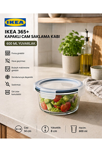 IKEA TREV Saklama Kabı Cam 600 ML Yuvarlak Vakumlu Sızdırmaz Hava Geçirmez Pl...