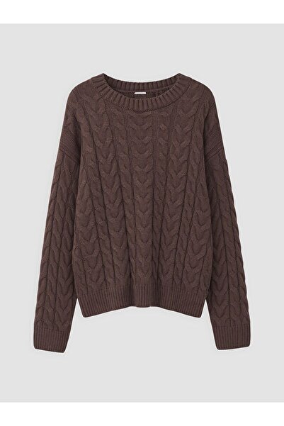 LC Waikiki Lcw Kids Brown Crew Neck Braided Hair Knitwear Sweater for Girls