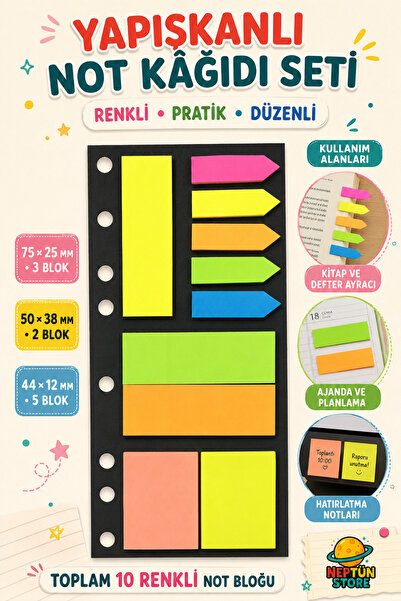 neptünstore Renkli Yapışkanlı Not Kâğıdı – Okul, Ofis ve Ajanda Notluğu