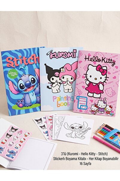 Srctech 3'lü (Kuromi -Hello Kity - Stitch) Stickerlı Boyama Kitabı - Her Kita...