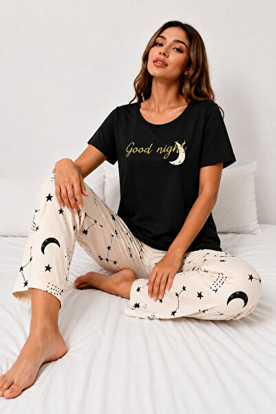 Zaya Homewear Short Sleeve Good Night Black Pajama Set Supersoft Basic Single...