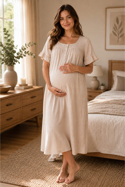 by İGP Muslin Fabric Maternity Short Sleeve Nightgown with Breastfeeding Feat...