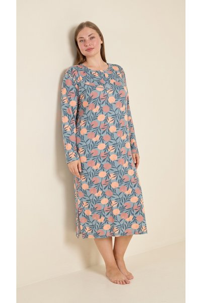 Arzey Lemon Patterned Viscose Half Placket Button Detailed Long Sleeve Plus S...