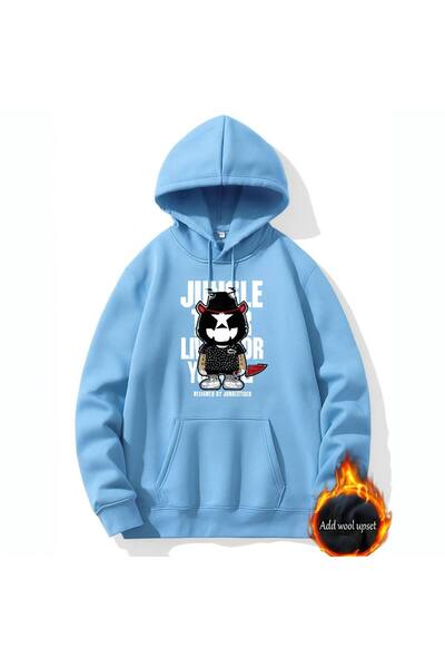 JANTIL MODA Unisex Oversize 3 Thread Yarn Kangaroo Pocket "Samurai Cat" Print...
