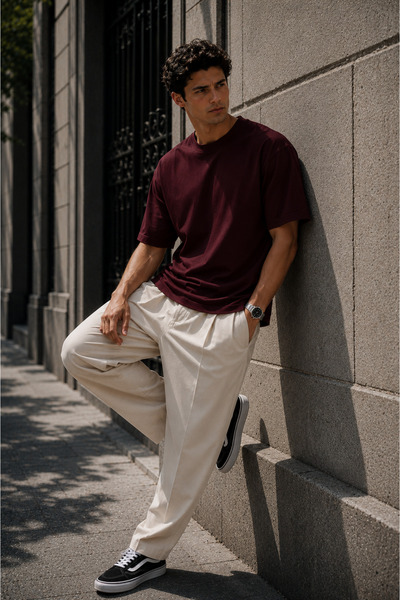 Rich Men's Burgundy Mercerized Interlock Fabric Oversize T-Shirt