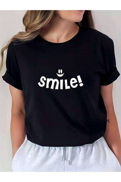 25W Oversized Women's T-Shirt, Loose Fit, Flat Print Smile! Graphic-Shirt - F...