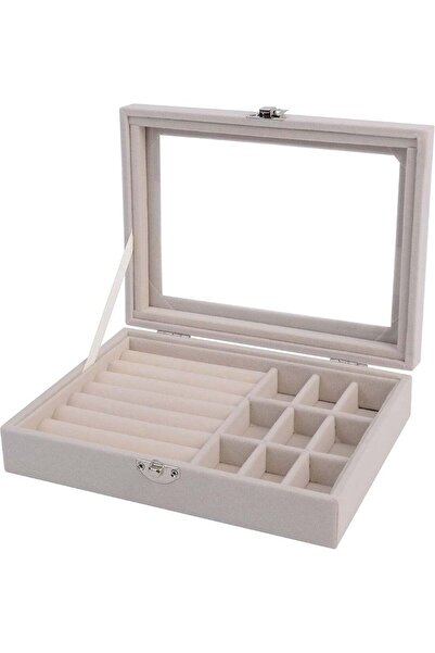DubaiGallery White Velvet Jewelry Box Organizer with Clear Glass Window, Mult...