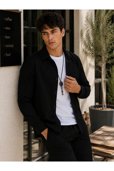 FAVORİST Men's Long Sleeve (Shirt and Trousers) Wrinkled Loose-Fit Suit