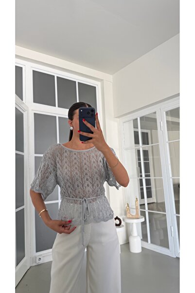 GAUS CO Gümüş Simli Kuşaklı Triko Bluz GAUS-01873