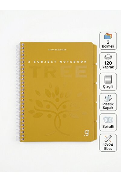 Gıpta Exclusive Tree Spiralli Plastik Kapak 3 Bölmeli 120 Yaprak 17x24 Çizgil...