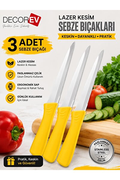 kumkumticaret 3’lü Lazer Kesim Sebze Bıçağı Seti Paslanmaz Çelik Keskin Meyve...