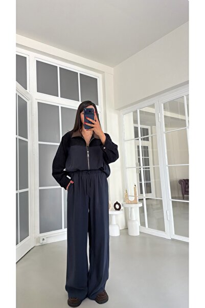 GAUS CO Lacivert Muadil Deri Yakalı Astarlı Denim Detaylı Ceket Beli Lastikli...