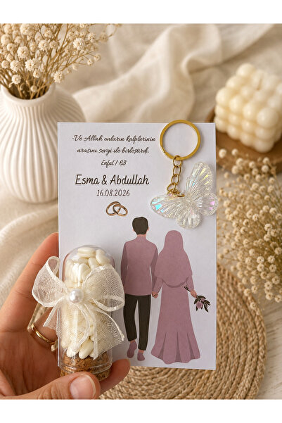 Nikah hatırası, nişan hediyeliği, söz hediyeliği kalpli şeker ve anahtarlık set 15 adet