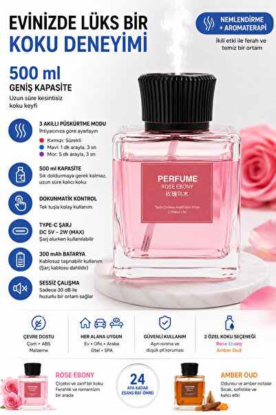 beemen 500 ml Şarjlı Aroma Difüzörü – Type-C, 3 Püskürtme Modu, 300 mAh, Cam Gövde, Rose Ebony / Amber Oud Ev & Ofis Kokusu