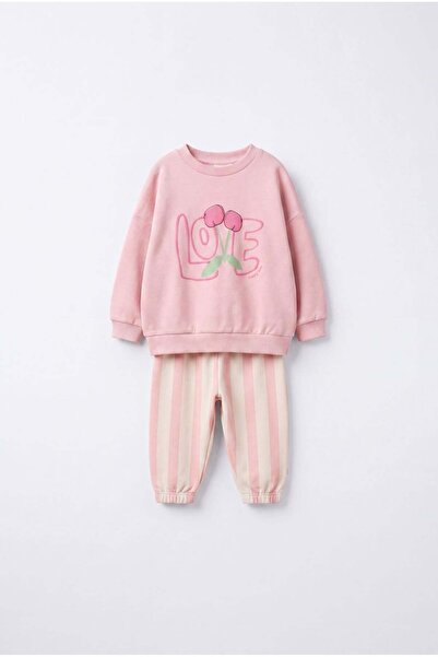 Magu Girl's Cotton Cherry Printed Pink Sweatshirt and Striped Pants Set