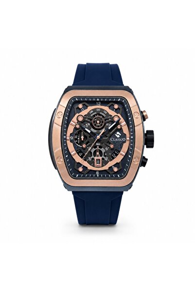 Clasico Opulent 6-Hands Chronograph Watch – Tonneau Skeleton Cobalt Blue & Go...