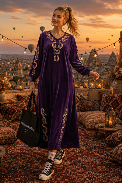dolabımdakalsın Kadın nakış detaylı kadife uzun kaftan elbise ALA111 ( STD-36...
