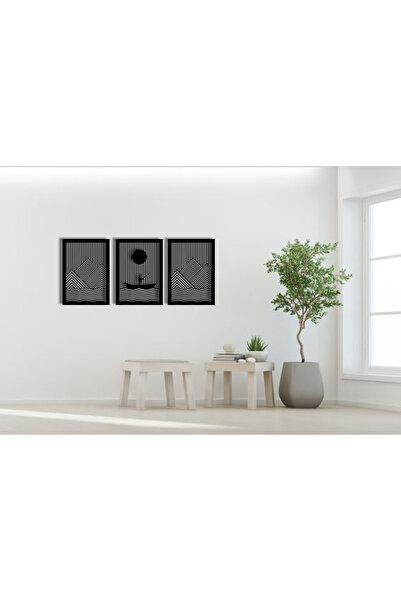 Bohem Tasarım Dağ ve Balıkçı Figürlü 3 Parçalı Ahşap MDF Duvar Tablosu - 105x50 cm Büyük Boy Dekoratif Tablo Siyah Renk