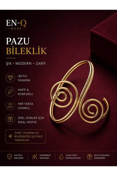 ENQ Pazu Bileklik Altın Renk Spiral Tasarım Şık ve Modern Kadın Kol Aksesuarı