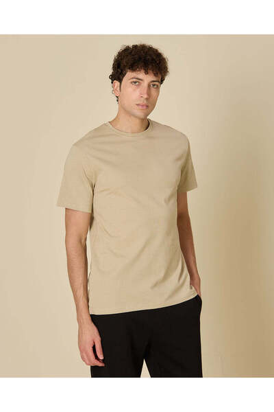 REDTAG Men Beige Plain T-Shirt