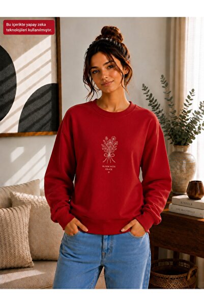 EMMODA Women's Floral Bouquet Printed Bloom with Grace Written Round Crew Nec...
