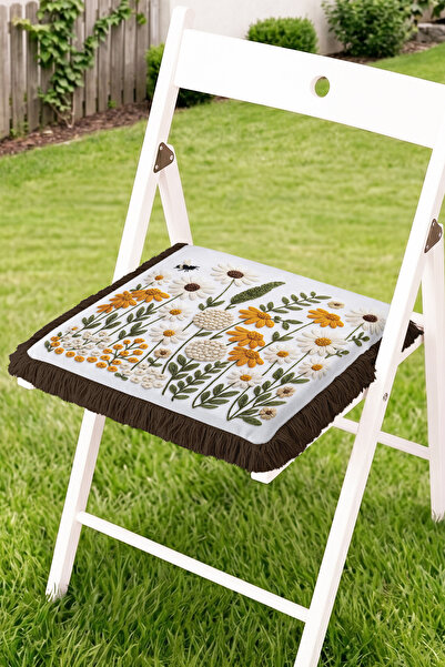 Realhomes Daisy and Floral Embroidery Look Fringed Zippered Chair Cushion - T...