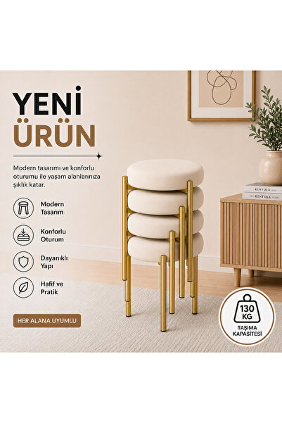 EVDERA MOBİLYA CEMRE 3LÜ PUF TABURE BENCH MAKYAJ SANDALYESİ GOLD AYAK