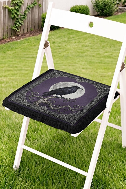 Realhomes Gothic Frame Patterned Fringed Zippered Chair Cushion with Crow Fig...