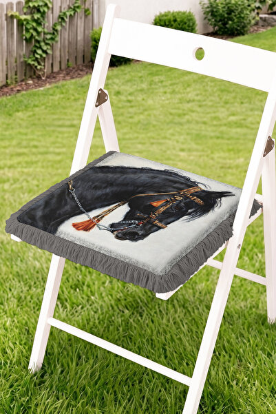 Realhomes Black Horse Head and Halter Detail Fringed Zippered Chair Cushion -...