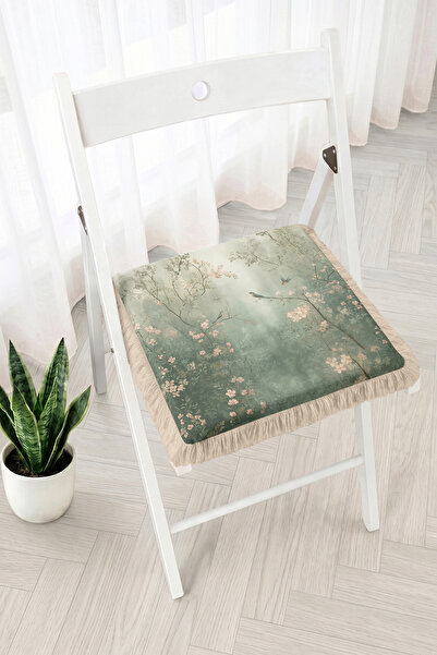 Realhomes Floral Branch and Bird Motif Fringed Zippered Chair Cushion - Vinta...