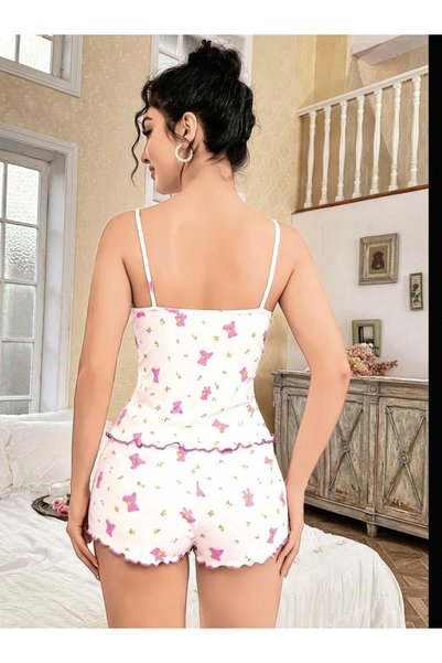mr owl Women's White Teddy Bear and Floral Patterned Shorts Set