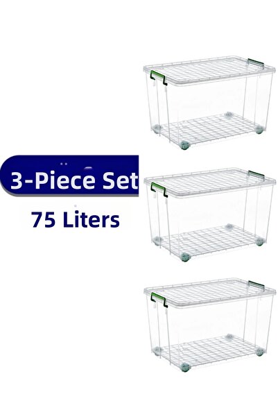 Generic Brand Cutie de depozitare cu roți 75 litri transparentă 3 bucăți Reci...