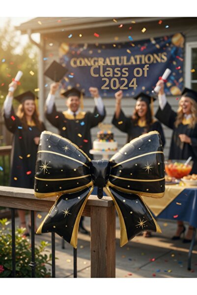 DODOMAR Graduation Bow Foil Balloon Black Gold 92X58 cm Party Decoration Cele...