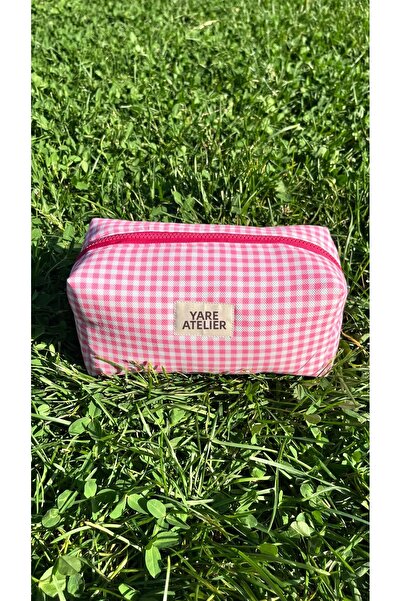 Yare Atelier Pink Gingham Fabric Makeup Bag, Portable Travel Size Makeup Bag