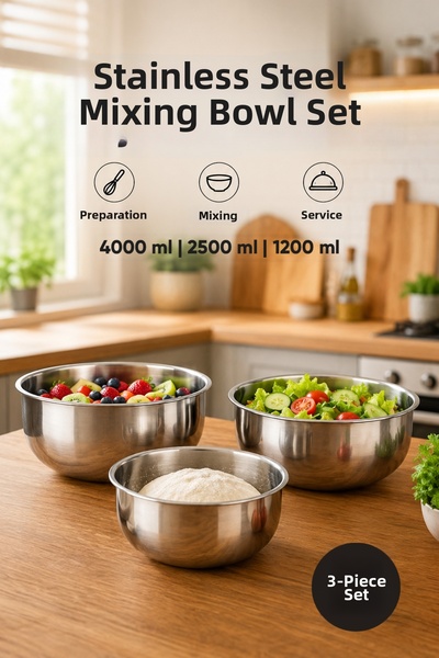 Vienev 3-Piece Stainless Steel Mixing Bowl Set - 1200-2500-4000 ml Metal Bowl...