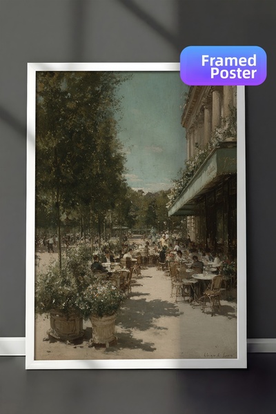 Zestia Pictură murală vintage, peisaj de cafenea în aer liber, înrămată în al...